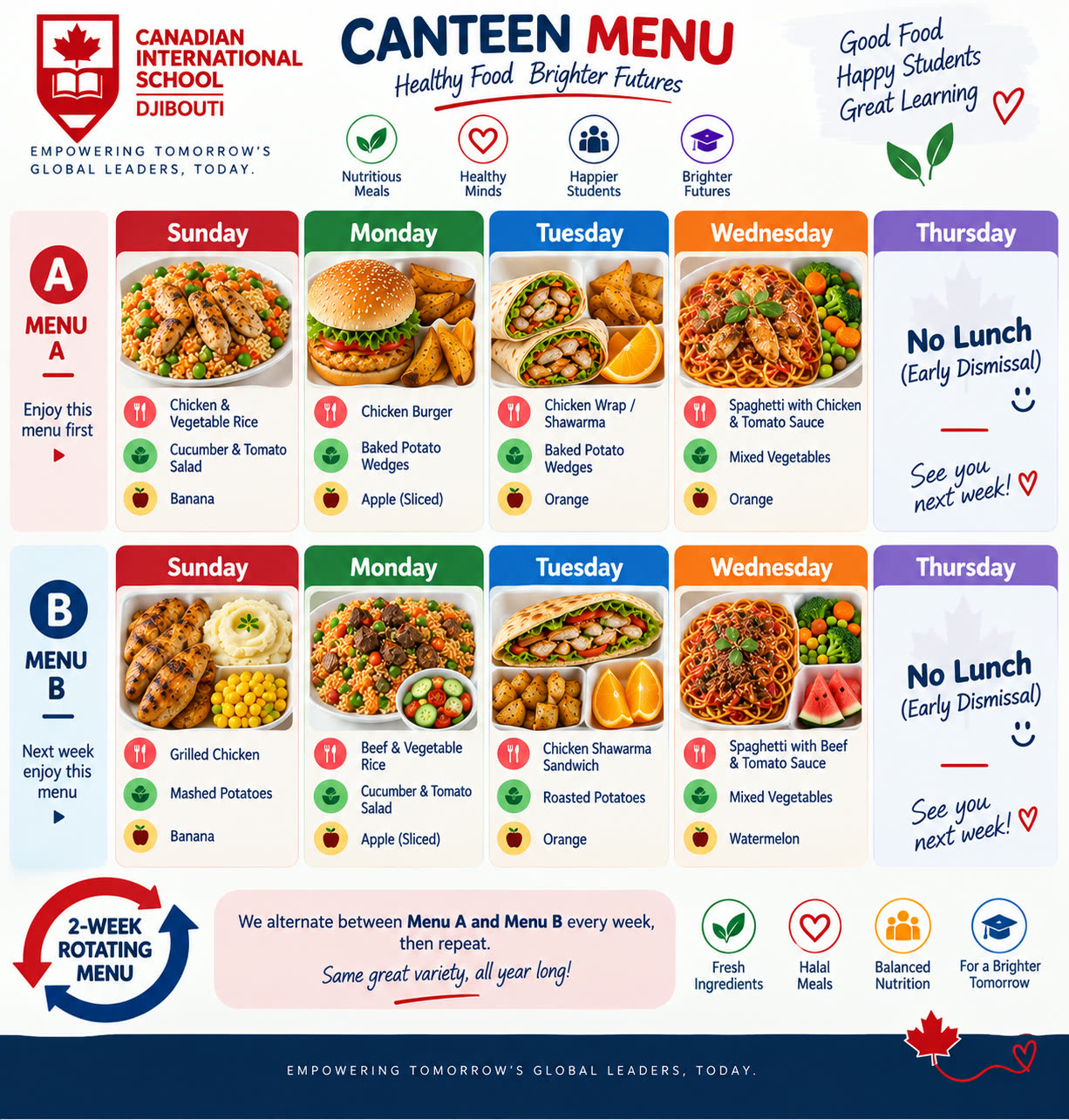 CIS weekly canteen menu